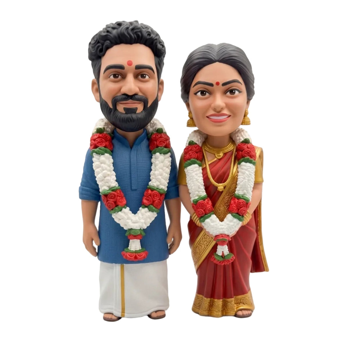 Custom wedding couple figurine in South Indian attire with jasmine and rose garlands