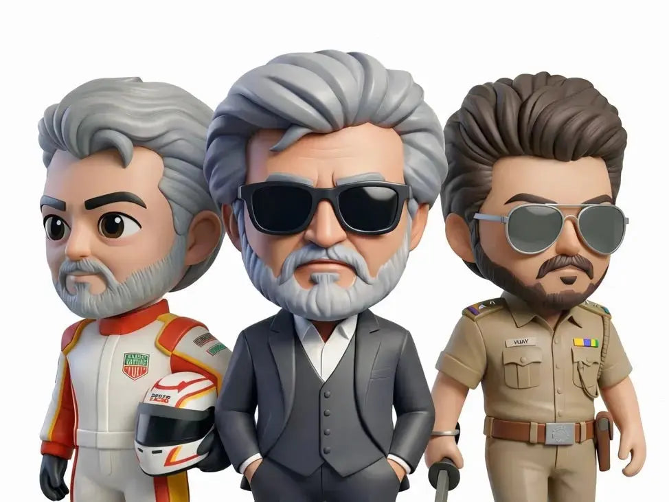 Chibi style collectible figurines inspired by Rajni Model, Ajith Model, Vijay Model, and KGF Yash Model characters