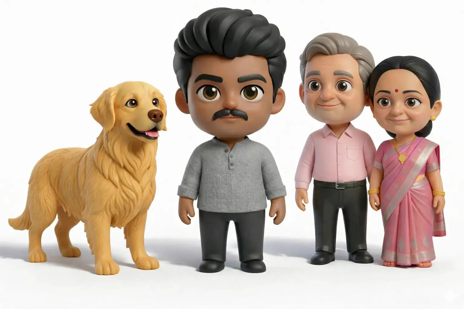 Custom 3D figurines including single person model, couple model, and pet model