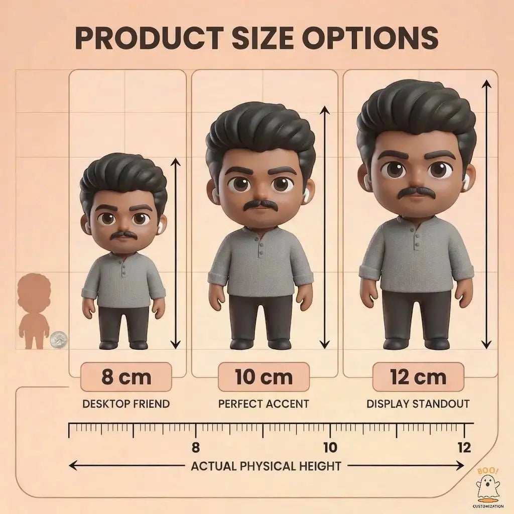 Custom 3D figurine size options 8cm 10cm and 12cm