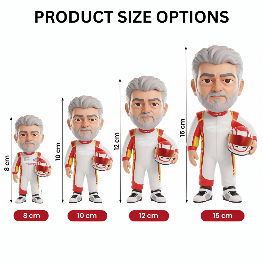 Size guide for the racing fan figurine in 8, 10, 12 and 15 cm heights