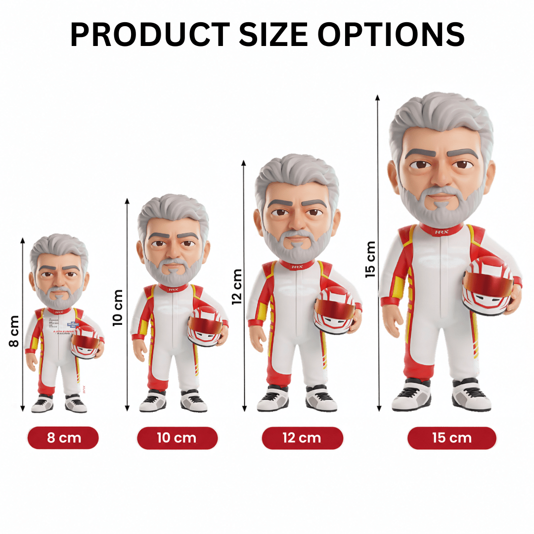 Size guide for the racing fan figurine in 8, 10, 12 and 15 cm heights