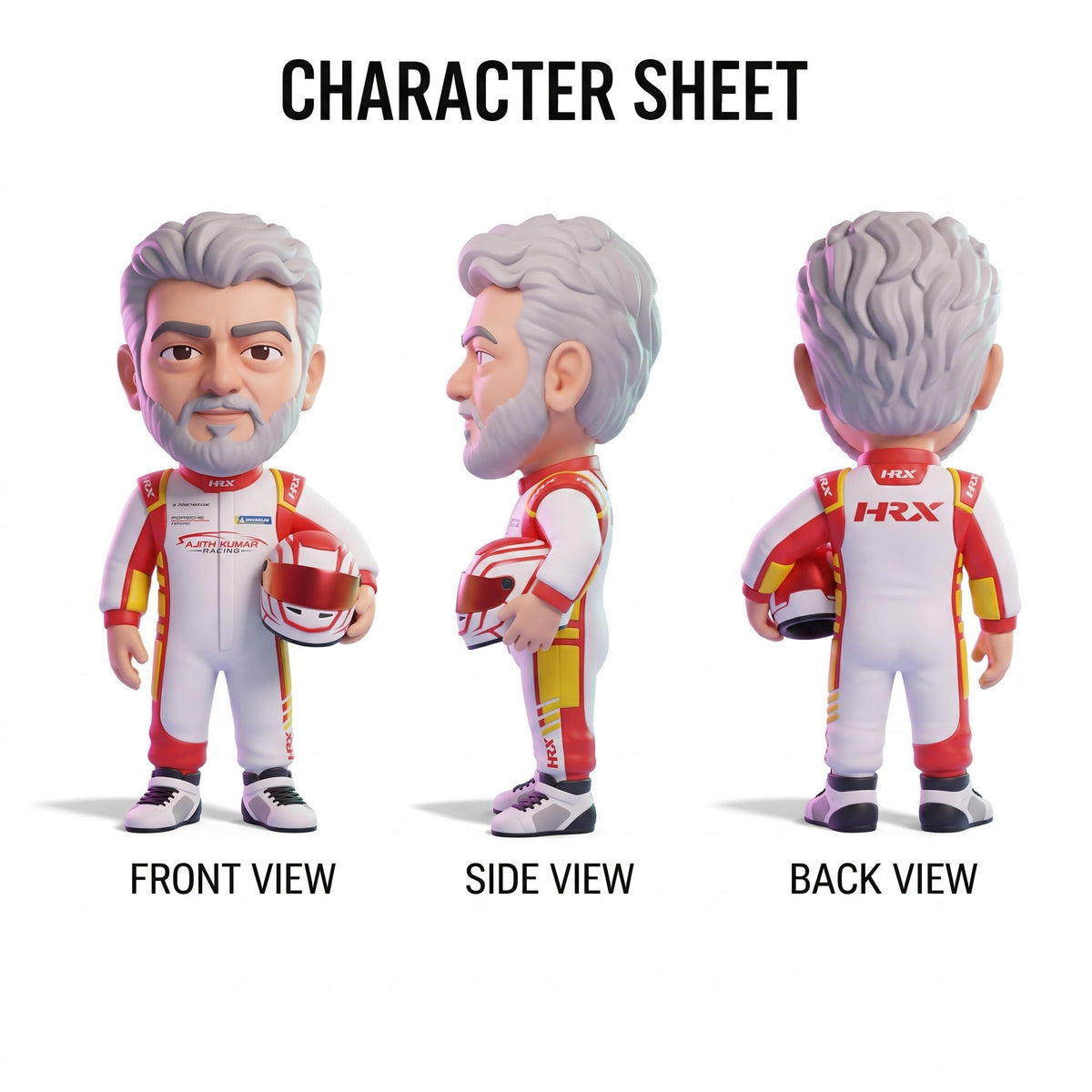 Character sheet of the racing chibi figurine showing front, side and back views