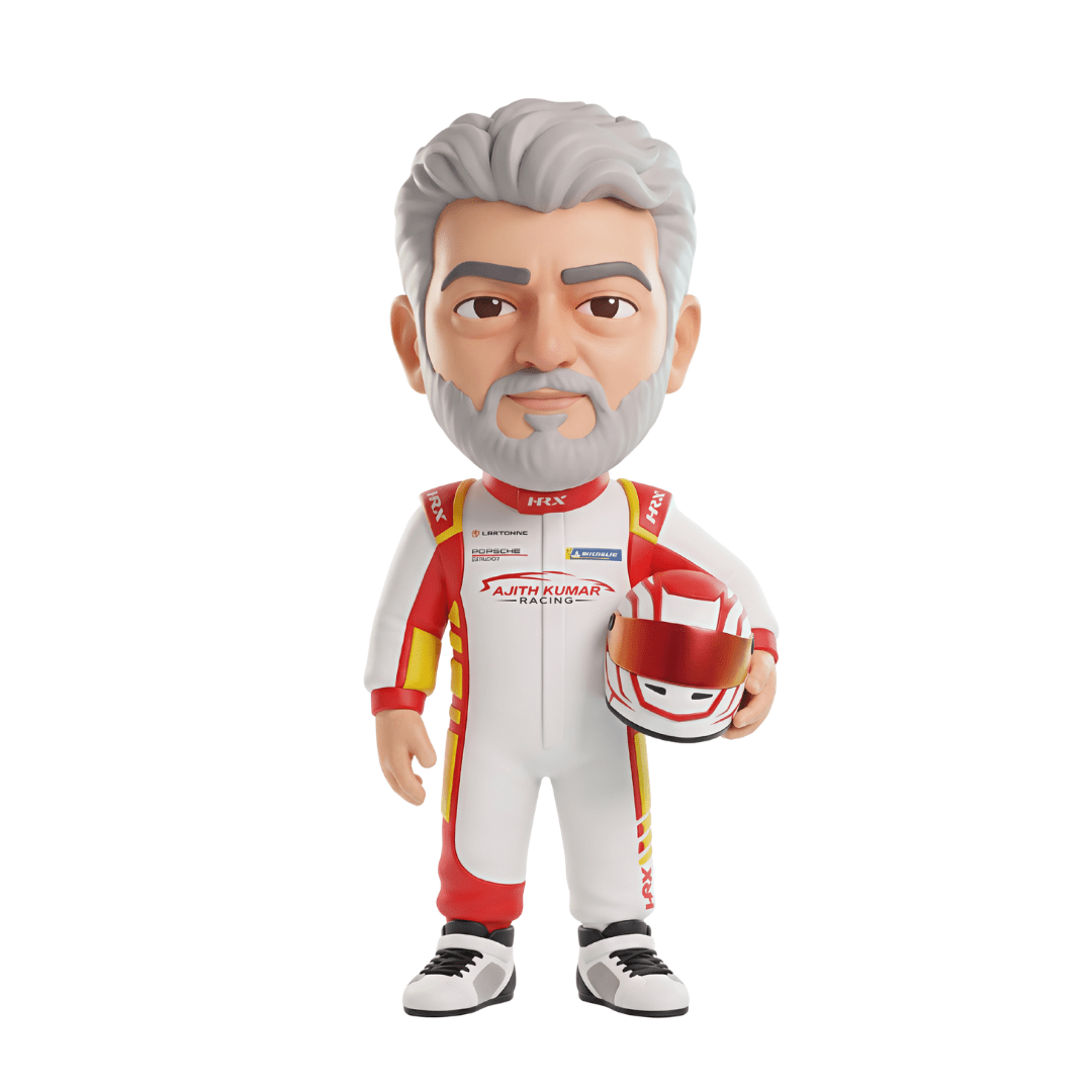 Ajith-inspired racing chibi figurine in a white racing suit holding a helmet, front view