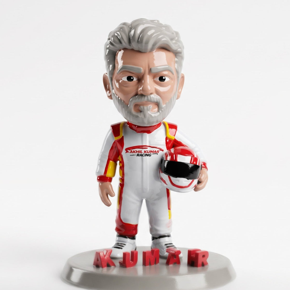 Hand-painted racing fan figurine on a round nameplate base, red and white racing suit