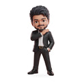 CM Vijay fan-art chibi figurine in black suit and white shirt, front view, hand-painted resin collectible
