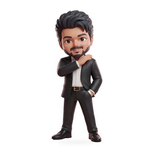 CM Vijay fan-art chibi figurine in black suit and white shirt, front view, hand-painted resin collectible
