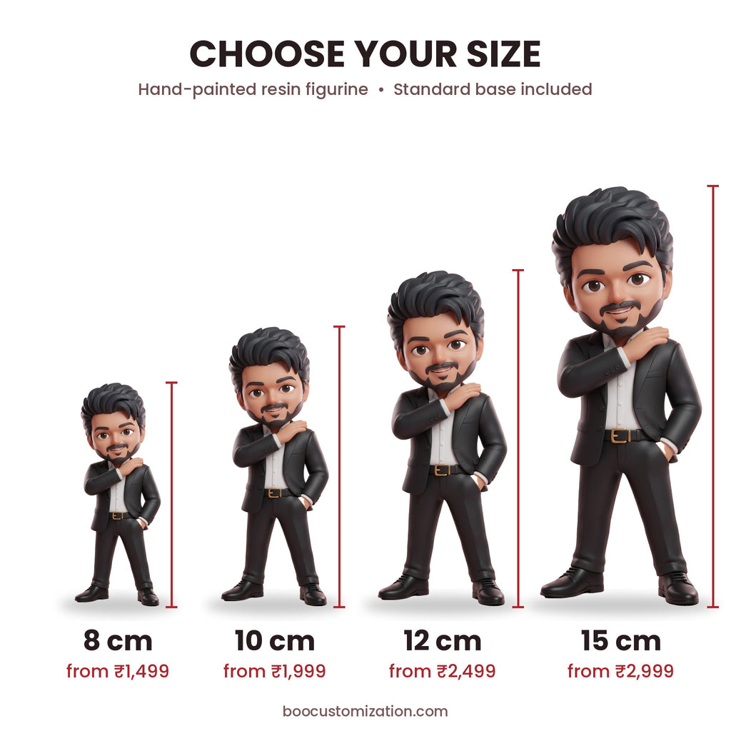 CM Vijay figurine size guide: 8 cm from ₹1,499, 10 cm from ₹1,999, 12 cm from ₹2,499, 15 cm from ₹2,999