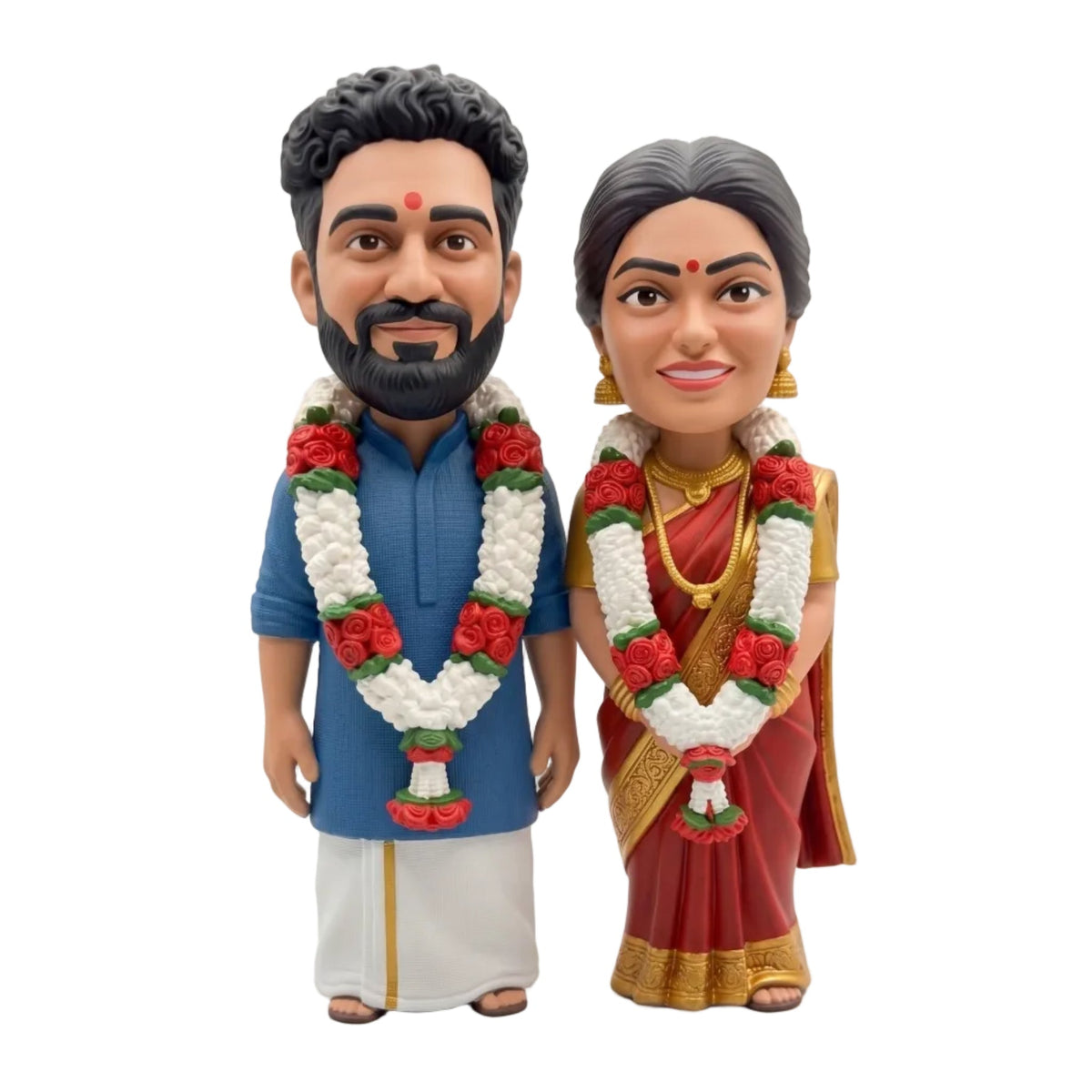 Custom wedding couple figurine in South Indian attire with jasmine and rose garlands