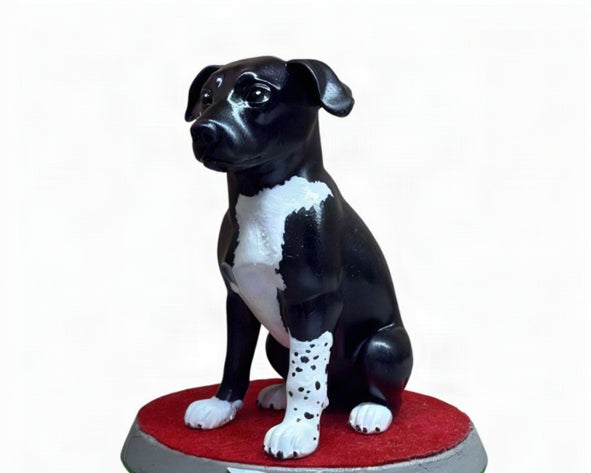 Custom black and white dog figurine from photo on a red base with the name Rainy