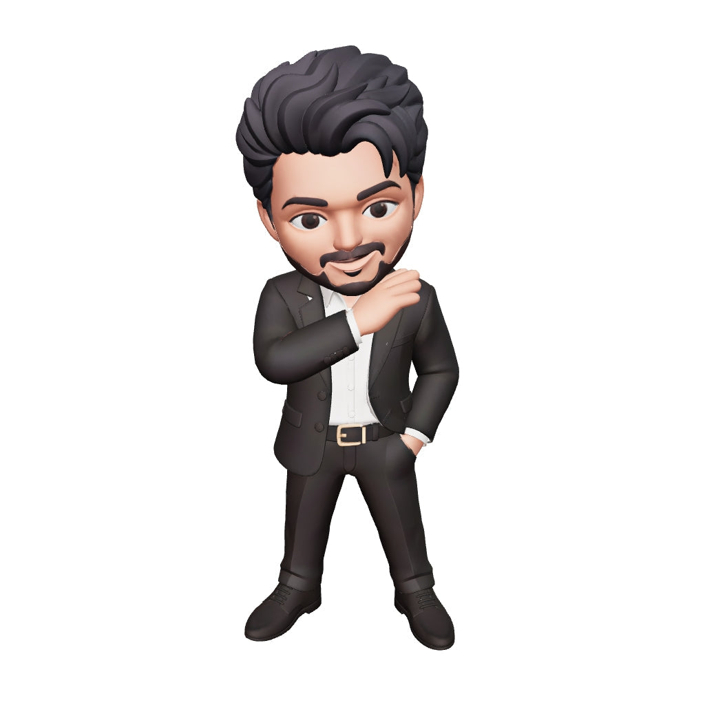 Interactive 3D model of the CM Vijay black suit figurine – drag to rotate