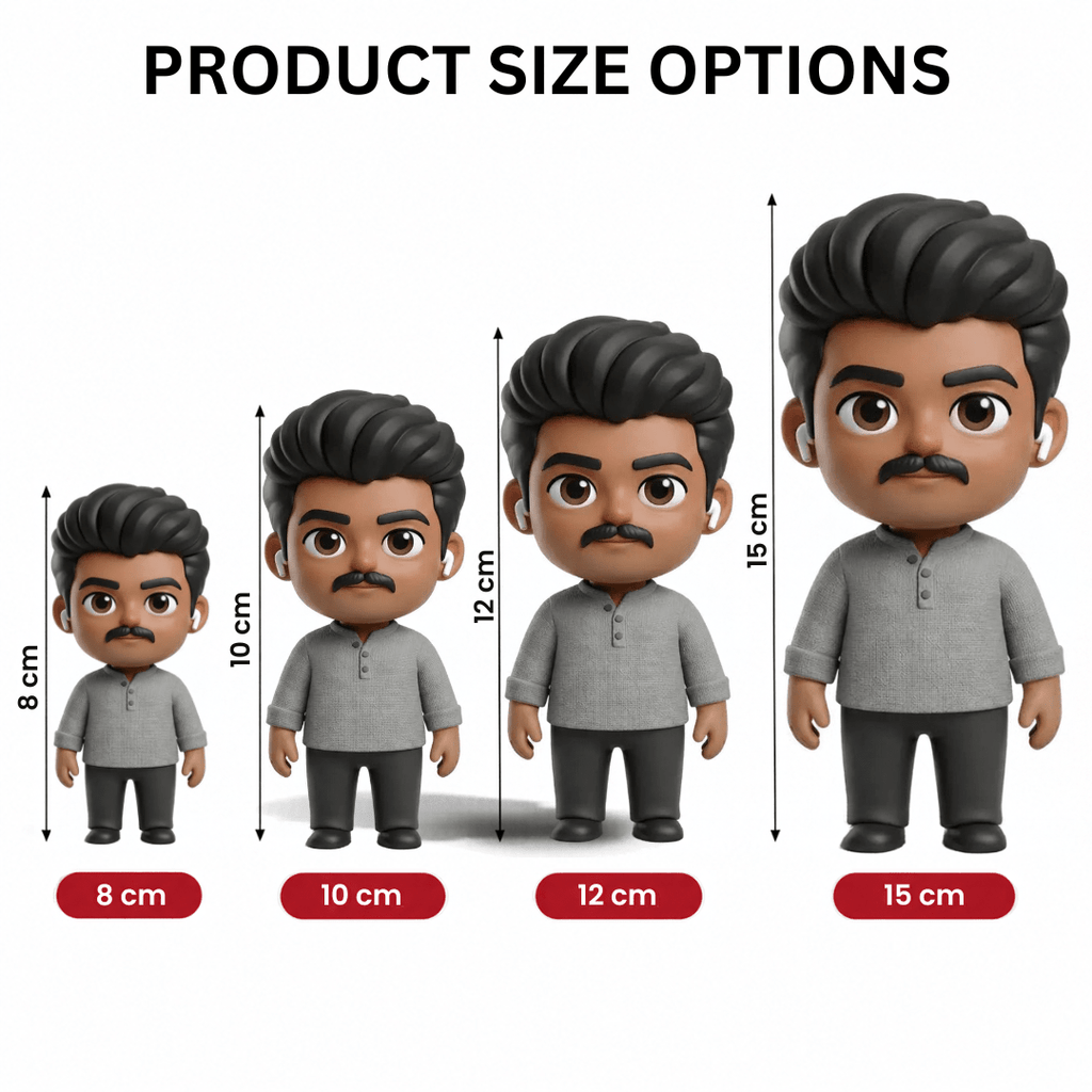 Size options for custom person figurines in 8, 10, 12 and 15 cm