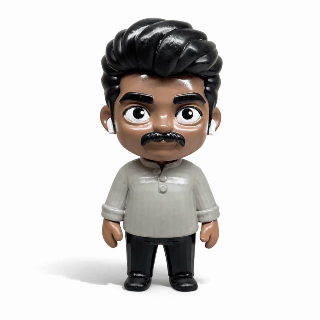 Mini me figurine of a man in grey shirt and black trousers made from a photo