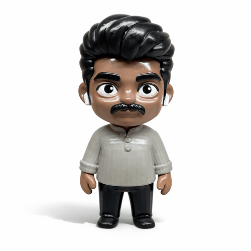 Mini me figurine of a man in grey shirt and black trousers made from a photo